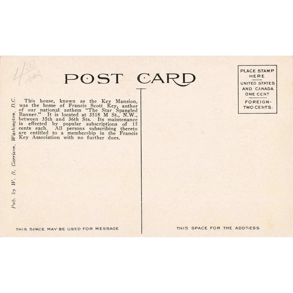 Vintage The Key Mansion Washington DC Postcard Francis Scott Key Home VG